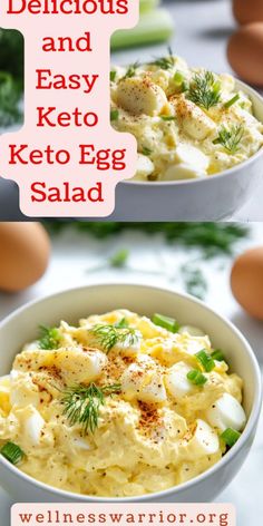 an egg salad in a bowl with the words delicious and easy keto egg salad