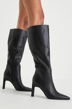 Creating the perfect autumn wardrobe starts with the perfect pair of boots, like the Lulus Olivet Black Pointed-Toe Knee-High Boots! Smooth faux leather shapes these flirty fall boots that feature a classic pointed-toe upper, seaming at the vamp, and a 14.5"" knee-high shaft (with a 15"" circumference and a 9"" zipper at the instep). A sculpted, stiletto heel lends a eye-catching finish! 4" sculpted stiletto heel. Lightly cushioned insole. Rubber sole has nonskid markings. Man Made Materials. Imported. Lulus | Olivet Black Pointed-Toe Knee-High High Heel Boots | Size 11. Fall Boots, Trendy Boots, Autumn Wardrobe, Black Knee High Boots, Faux Leather Boots, Black Boots Tall, Pointed Toe Boots, Black Heel Boots, How To Stretch Boots