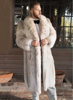 Look and feel handsome in this luxurious fur coat handcrafted by our master furriers in our corporate factory in Montgomery, Alabama of the finest lynx fur. Paired with a suit, slacks, or jeans, you will fall in love with this fur coat all winter long. Fur origin: Canada Made in United States SKU: 175212-M May have dye added This coat is custom-made to order, please allow 2-6 weeks for delivery. We can also have our expert furriers add a detachable fur hood to this style - For rush orders or que Beige Faux Fur Coat, Leather Fur Coat, Tiger Fur, Fur Coat Men, Cute Sweats, Mens Fur Coat, Male Outfits, Long Coat Men, Montgomery Alabama