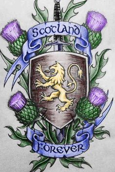 a drawing of a coat of arms with thistles on it and the words scotland forever