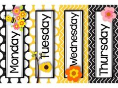 three colorful name tags with flowers and polka dots on the front, one for each child's name