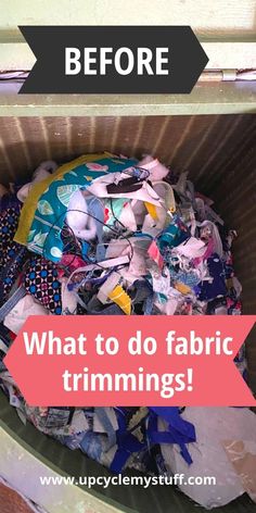 a trash can filled with lots of different types of fabric and other things in it