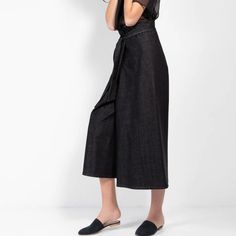 Stand Out In These Structured, Geometrically Tailored Wrap Skirt-Pants. 36" Length (92cm - Size Medium) High Waisted Attached Fabric Belt Wide Leg Opening Mid Calf Length Partially Lined Cotton Denim 100% Cotton Hand Wash Or Machine Wash Cold Delicate Cycle Hang Dry Medium Iron Wrap Skirt Pants, Belt Wide, Denim Wide Leg, Wrap Pants, Fabric Belt, Wide Leg Denim, Wrap Skirt, Skirt Pants, Mid Calf