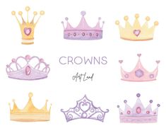 watercolor crown clipart set with different colors and sizes, including hearts on the crowns