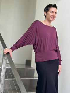 caraucci women's plant-based lightweight rayon jersey dolman sleeve purple loose fit top #color_jam Versatile Long Sleeve Top With Soft Stretch, Versatile Soft Stretch Long Sleeve Top, Stretch Viscose Long Sleeve Tops, Slouchy Tops For Loungewear, Fall Batwing Sleeve Versatile Tops, Versatile Slouchy Long Sleeve Tops, Versatile Batwing Sleeve Tops For Layering, Viscose Tops With Blouson Long Sleeves, Versatile Long Sleeve Lounge Blouse