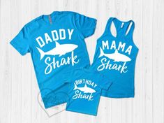 Mama Shark / Daddy Shark / Baby Shark / Matching Family ShirtsColor shown: Turquoise*For other colors: The color chart for the women's tank and unisex shirt is in the photos. For kid's shirts, color options really vary so please feel free to send a message with the SIZE(S) of the kid's shirt(s) you want and a range of colors you have in mind.*MATERIAL FOR WOMEN'S TANK TOP- 100% cotton (60% cotton and 40% polyester on size XS)- Racerback (super soft!)- Comes in sizes XS-XXL- If stuck betweens two Fun Blue T-shirt For Father's Day, Blue Family Matching Tops For Father's Day, Blue Family Matching Shirt For Birthday, Blue T-shirt For Father's Day Birthday, Family Matching Blue Shirt For Birthday, Blue Summer T-shirt For First Birthday, Blue Short Sleeve T-shirt For First Birthday, Blue Cotton T-shirt For First Birthday, Cute Blue Tops For Family Occasions