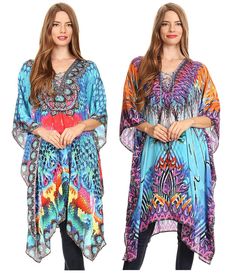 This caftan dress cover up features a beautiful handmade cut. It  has a beautiful multi toned tribal pattern print with a v-neck and  rhinestone embellishments around the neckline. Holiday Wardrobe, Caftan Dress, Dress Cover, Vacation Outfits, Modest Dresses, Kimono Top, Cover Up, Print Patterns, V Neck