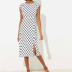 Never Worn. Nwot. Feel Free To Ask Any Questions Or Make An Offer! Casual Fitted Polka Dot Midi Dress, Fitted Polka Dot Midi Dress For Day Out, Loft Dresses, Dot Dress, Cap Sleeve, Cap Sleeves, White Black, Colorful Dresses, White And Black