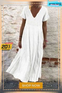 Women's Plus Size A-line Dress Midi Dress - Short Sleeves Summer V Neck Casual White Black Yellow Orange Green White Dresses Linen Casual Non-stretch A-line Maxi Dress, Shift V-neck Midi Dress, Beach A-line Shift Dress, Shift Midi Dress With V-neck, Plain Spring Vacation Dresses, White Shift Dress Solid Color, Plain Dresses For Vacation In Spring, Spring V-neck Plain Dress, Casual A-line Maxi Dress In Solid Color