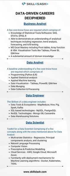 a white and blue flyer with the words data - driven career, including information on it