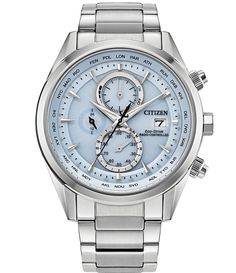 From Citizen&#x2C; this men's watch features:Stainless steel bracelet and caseCase approx. 43mmFold over clasp with push buttonsBlue dialSapphire crystalChronograph movement Perpetual Calendar12/24 Hour TimePower Reserve IndicatorDay/DateWater Resistance: 100 ATMImported. White Watches, White Watches For Men, Chronograph Watch Men, Blue Watches, Silver Accessories, Men's Watch, Luxury Watch, Steel Bracelet, Stainless Steel Bracelet