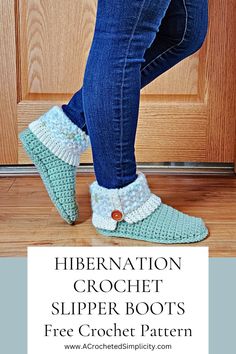 a person wearing crochet slippers with text overlay that reads, liberation crochet slipper boots free crochet pattern