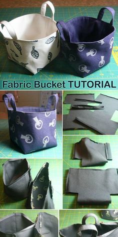 the instructions for how to make an easy fabric basket with handles and straps, including scissors