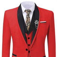 Package Includes: 1 x Jacket - 1 x Waistcoat - 1 x Pant

Meticulously handcrafted by our skilled artisans, the Custom Red Tuxedo Suit with Black Lapel showcases our commitment to exceptional craftsmanship. The vibrant red color commands attention and exudes confidence, while the sleek black lapel adds a touch of refined contrast, creating a visually captivating ensemble. Designed for those who dare to be bold, this three-piece tuxedo suit offers a tailored fit that accentuates your physique and Red Tuxedo Suit With Notch Lapel, Tailored Red Tuxedo With Suit Collar, Red Tailored Tuxedo Suit, Red Tuxedo With Notch Lapel For Formal Occasions, Red Tuxedo Three-piece Suit For Party, Red Tuxedo Style Three-piece Suit For Party, Red Tuxedo Three-piece Party Suit, Red Fitted Tuxedo With Notch Lapel, Red Tailored Tuxedo With Notch Lapel