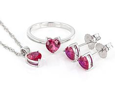 3.60ctw Heart Shape Lab Created Ruby Rhodium Over Sterling Silver Jewelry. Ring measures approximately .23"L x .26"W and is not sizeable. Earrings measure approximately .26"L x .25"W with push backings. Pendant measures approximately .49"L x .24"W with a 3.2mm bail, lobster claw clasp and a 2" extender. Gia Certified Heart-shaped Diamond Jewelry, Fine Jewelry Gemstone For Valentine's Day, Classic Gemstone Jewelry For Valentine's Day, Gia Certified Heart-shaped Jewelry For Valentine's Day, Fine Gemstone Jewelry For Valentine's Day, Gia Certified Heart Cut Sterling Silver Jewelry, Gia Certified Pear-shaped Fine Jewelry, Valentine's Day Fine Jewelry With Gemstones, Valentine's Day Gemstone Fine Jewelry