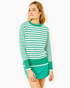 Coastal Crewneck Spring Knit Sweater With Striped Hem, Knit Sweater With Contrast Stripes, Striped Sweater For Work, Contrast Stripes Sweater For Layering, Striped Crew Neck Sweater For Spring, Sporty Spring Knit Sweater, Sporty Knit Sweater For Spring, Fall Striped Sleeve Sweater For Layering, Fall Layering Sweater With Striped Sleeves