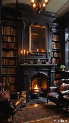 a living room filled with furniture and a fire place in front of a bookshelf