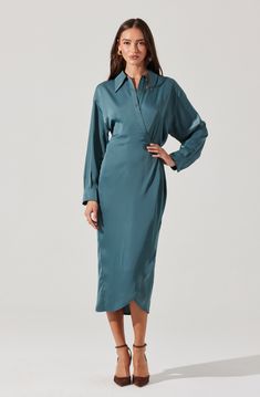 Satin wrap midi shirt dress Perfect for work to wherever Button and tie closure along wrap detail Dry clean only 100% Polyester Style #ACDR102477 Wrap Shirt Dress, Dark Sage, Vacation Looks, Wrap Shirt, Astr The Label, Midi Shirt Dress, Spring Tops, S Models, Fitness Models