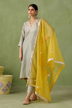 Sea green sharp A-line kurta with geometric gota embroidered neckline, striped sleeve hem, pintucks and contrast yellow patti. Comes with straight narrow pant with matching gota hem and contrast yellow embroidered dupatta. - Aza Fashions Sureena Chowdhri, Gota Work, A Line Kurta, Embroidered Neckline, Kurta With Pants, Fashion App, Striped Sleeve, Modern Bride, Pants Pattern