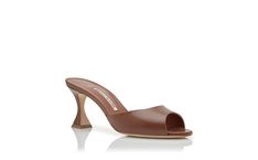 Designer Brown Calf Leather Mules - Image Upsell Manolo Blahnik Jadarona, Sleek Almond Toe Mules With 4-inch Heel, Modern Open Toe Mules With 4-inch Heel, Elegant Calf Leather Sandals With 4-inch Heel, Formal Open Toe Mules With 4-inch Heel, Luxury Sandals With 4-inch Heel And Square Toe, Elegant Open Toe Mules With Sculpted Heel, Calf Leather Open Toe Mules With Reinforced Heel, Calf Leather Open Heel Work Heels