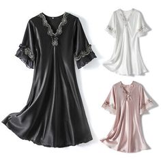 Elegant V-neck Dress For Pajama Party, Elegant Short Sleeve Nightgown For Bedtime, Elegant Short Sleeve Nightgown For Loungewear, Elegant Short Sleeve Sleepwear With Lace Trim, V-neck Dress With Lace Trim For Pajama Party, Goth Nightgown, Pajamas Shirt, Satin Nightgown, Summer Luxury