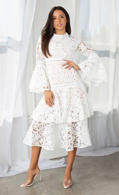 Tiered Midi Dress With Lace Trim, Feminine Midi Dress With Ruffle Hem And Tiered Skirt, Elegant Brunch Dress With Layered Hem, Elegant Layered Hem Dress For Brunch, Elegant Dresses With Layered Hem For Brunch, Chic Tiered Lace Maxi Dress, Chic Lace Tiered Maxi Dress, Feminine Tiered Midi Dress With Ruffles, Feminine Tiered Ruffle Midi Dress