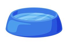 a blue dog bowl with water in it on a white background, this is an illustration