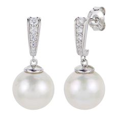 Sterling Silver 10-11mm Cultured Pearl and Created Sapphire Earrings A birthday. A graduation. An anniversary. Just because. The perfect present for special days (or for any day), this classic pearl and created sapphire drop earring boasts timeless charm that always delights. Wonderful for a favorite person or for you.                   Each approx. 1/2"L x 1/4"W     Stamped .925 sterling silver; polished finish      Pierced with butterfly backs   Stone Information       All sizes and weights approximate-     Cultured Freshwater Pearl: Off-round (10-11mm)     Created White Sapphire: Round; 0.21ctw Classic Bridal Earrings With Prong Setting For Evening, Classic Bridal Earrings For Evening With Prong Setting, Classic Bridal Earrings With Brilliant Cut For Formal Occasions, Classic Bridal Earrings With Brilliant Cut For Formal Events, Pear Shaped Brilliant Cut Bridal Earrings For Formal Occasions, Formal Bridal Earrings With Brilliant Pear Cut, Pear-shaped Bridal Earrings With Brilliant Cut For Formal Occasions, Formal Pear-shaped Bridal Earrings With Brilliant Cut, Classic Silver Bridal Earrings For Formal Occasions