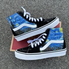 "These shoes have the famous painting \"Starry Night\" by Van Gogh on sides of each shoe. Vans Sk8 Hi.  We buy each pair of blank shoes BRAND NEW from the Vans retail store.  The ink is permanent and will never come off. Made in the USA. This price includes everything: shoes, artwork, and shipping. Thanks for stopping by our Etsy shop! Please message us with any questions! Sizes listed are in US sizing scale. If you have any issues with your order, please feel free to reach out to us and we will Painted Vans High Tops, Artistic Blue Sneakers With Custom Artwork, Blue Sneakers With Custom Artwork, Artistic Blue Sneakers With Rubber Sole, Blue Custom Artwork High-top Sneakers, Blue High-top Sneakers With Custom Artwork, Artistic Blue Sneakers With Round Toe, Artistic Low-top Sneakers With Artwork, Artistic High-top Sneakers With Rubber Sole