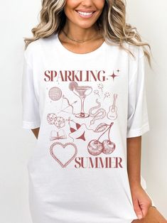 Sparkling Summer T Shirt, featuring a retro vintage design with cherries, a mirror ball, dice, martini, archer bow, snake, and so many other summer vibes!  This classic unisex jersey short sleeve tee fits like a well-loved favorite. Soft cotton and quality print make users fall in love with it over and over again. These t-shirts have-ribbed knit collars to bolster shaping. The shoulders are tapered for a better fit over time. Dual side seams hold the garment's shape for longer.  .: Made with 100 Cute Graphic Design T-shirt For Summer, Cute Graphic Design Tops For Summer, Cute Summer Graphic T-shirt, Cute Summer T-shirt With Graphic Design, Cruel Summer, Aesthetic Gift, Mirror Ball, Retro Tee, Summer Concert