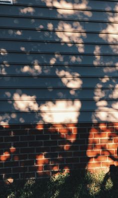 a fire hydrant in front of a brick building with shadows on the wall behind it