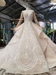 a wedding dress on display in a store