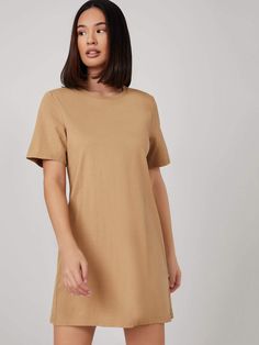 SHEIN BASICS Solid Tee Dress – Chicgrl Oversized Tshirt Dress, Shein Basics, Tan Shirt, Mini Dresses Online, Dress For Short Women, Inspiration Mode, Tee Dress, Boutique Dresses