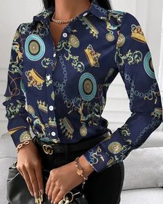 Lasaky - Baroque Chain Print Button-Up Shirt Patchwork Shirt, White Collared Shirt, Y2k Aesthetic Outfits, The Office Shirts, Cardigan Shirt, Elegant Shirt, Spring Shirts, Women Shirts Blouse, Tops Fall