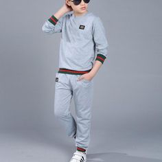 Boy Stripes Sweatshirt & Pants Children's Clothing - PrettyKid Casual Long Sleeve Tracksuit For Playwear, Gray Cotton Crew Neck Sets, Casual Gray Long Sleeve Sets, Casual Gray Set With Letter Print, Casual Gray Letter Print Set, Casual Playwear Sets For Fall, Gray Cotton Streetwear Sets, Gray Cotton Sets For Fall, Gray Long Sleeve Playwear Sets