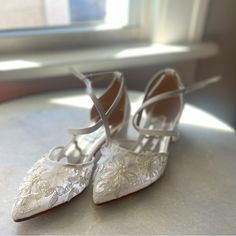 I Bought These Beautiful Kitten Heel Shoes For My Wedding. They Were Too Big And The Original Etsy Seller Did Not Request That I Ship Them Back. I Only Tried Them On Outside For 5 Minutes, Which Is Why There Are Tiny Scuff Marks On The Bottom. I Did Wear The Right Size Of These For My Wedding And They Were Perfect! Lace Ankle Strap Wedding Shoes, Lace Low Heel Wedding Shoes, Spring Wedding Lace Shoes, Lace Flat Heel Wedding Shoes For Spring, Spring Lace Flat Heel Wedding Shoes, Lace Closed Toe Wedding Shoes For Formal Occasions, Lace Wedding Shoes With Flat Heel For Spring, Spring Wedding Lace Shoes With Flat Heel, Formal Lace Wedding Shoes With Closed Toe