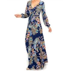 A Classic Bell Long Sleeve Maxi Dress. Quality Comfortable, Lightweight Fabric With Well Constructed Seams And Stitching. Matching Belt Included. Color: Multi Material: 95% Polyester/5% Spandex Size: Small | Bust: 32'' | Waist: 26'' | Length: 55'' Size: Medium| Bust: 34'' | Waist: 30'' | Length: 56'' Size: Large | Bust: 36'' | Waist: 32'' | Length: 58'' Size: Xlarge | Bust: 40'' - 42'' | Waist: 40'' | Length: 58'' Spring Party Maxi Dress With Paisley Print, Spring Party Paisley Print Maxi Dress, Elegant Paisley Print Maxi Dress For Vacation, Fitted Paisley Print Maxi Dress With V-neck, Flowy Blue Maxi Dress With Paisley Print, Flowy Blue Paisley Print Maxi Dress, Casual Blue Paisley Print Maxi Dress, Elegant Long Sleeve Boho Print Maxi Dress, Blue Paisley Print Flowy Maxi Dress