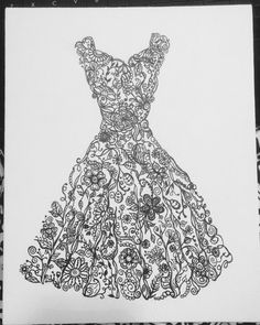 a black and white drawing of a dress with floral designs on it, sitting on a piece of paper