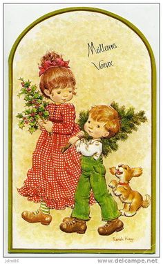 an old fashioned valentine card with two children holding flowers and a small dog standing next to it