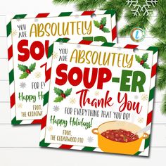 three christmas cards with the words soup - er thank you