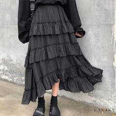 Lasaky - High-Waisted Tiered Skirt Dress for Women Long Ruffled Skirt, Ruffle Skirts, Goth Skirt, Asymmetrical Midi Skirt, Ruched Midi Skirt, Rock Outfit, Skirts Women, Womens Maxi Skirts, Dress Cake