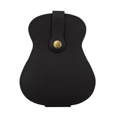 a black guitar case with a gold button