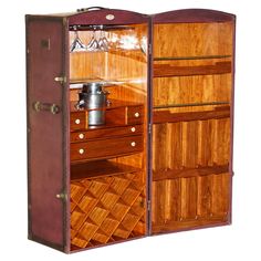 an old fashioned wooden cabinet with drawers and wine glasses on the top shelf, isolated against a white background