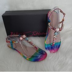 Betsey Johnson Bling Sandals Pink Jelly Sandals With Ankle Strap For Party, Rainbow Round Toe Sandals For Party, Pink Ankle Strap Jelly Sandals For Party, Rainbow Sandals With Round Toe For Party, Pink Adjustable Jelly Sandals For Party, Adjustable Ankle Strap Jelly Sandals For Party, Spring Party T-strap Sandals With Flat Heel, Flat Heel T-strap Sandals For Party And Spring, Flat Heel T-strap Sandals For Spring Party