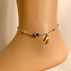 "This can be used as an anklet or bracelet for kids and adults. I made it from gold nonturnish chain, blue evil eye fish and dolphin charm. The average Size for Children is as follows: 🔹Anklet (If the child is not big for her age) Newborn (0-12 months) : 5.5\" Toddler(1-3 years) : 6.5\" Preschooler (3-5 years) : 7.5'' Child (5-10 years) : 8.0'' Tween/Teen (10-15 years) : 9.0'' Adult (15+) : 10.0'' 🔹Bracelet (If the child is not big for her age) Newborn (0-12 months) : 4.0\" Toddler(1-3 years) Elephant Anklet, Heart Ankle Bracelet, Toddler Jewelry, Beaded Sunglasses, Cute Anklets, Chunky Pearl Necklace, Amulet Bracelet, Jewelry Girl, Bridal Pearl Necklace