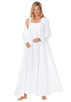 This beautiful 2-piece set lets you lounge in style. It consists of a robe and gown that fits and flows beautifully. The robe features laced eyelet trim, a sweetheart neck, pearl button placket, pintucking, shirring, and pockets. The gown is sleeveless and matches the robe's details. Gown: 52" lengthRobe 53" lengthLaced eyelet trim with button placketSleeveless with pintuck details on gownCotton; importedMachine wash | Plus Size Women's Long 2-Piece Cabbage-Rose Peignoir Set by Only Necessities Peignoir Sets, Sleeveless Gown, Cabbage Roses, Womens Scrubs, Swimsuits For All, Petite Tops, Sweetheart Neck, Petite Dresses, Dress Suits