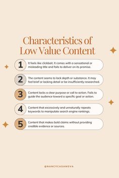 the characteristics of low value content in an infographal style, including text and numbers