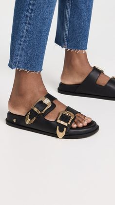 ANINE BING Waylon Slides | Shopbop Anine Bing Sandals, Designer Leather Sandals With Gold Buckle, Luxury Leather Sandals With Gold Buckle, Classic Leather Sandals With Gold Buckle, Luxury Sandals With Round Toe And Tang Buckle, Slider Sandals, Slides Women, Sophisticated Dress, Lemon Pepper