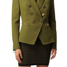 Crafted in Italy, this green blazer has gold-tone logo-embossed buttons and ‘80s inspired padded shoulders.HighlightsGreen grain de poudreEmbossed gold-tone buttonsPeak lapelsDouble-breasted button fasteningFront zip fastening pocketsChest welt pocketLong sleevesCuff zipsFull liningCurved hemComposition: Wool 100%Lining: Viscose 52%, Cotton 48%Dry Clean Only Luxury Fitted Blazer With Gold Buttons, Tailored Gold Blazer With Double Button Closure, Gold Double-breasted Blazer For Fall, Luxury Office Outerwear With Gold Buttons, Gold Tailored Double-breasted Blazer, Gold Double-breasted Office Blazer, Gold Double-breasted Blazer For Office, Gold Double-breasted Blazer, Gold Blazer With Double Button Closure And Notch Lapel