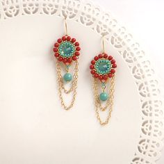 turquoise and coral earrings turquoise pearl by LioraBJewelry Round Beaded Chain Earrings Gift, Round Beaded Chain Earrings For Gift, Elegant Festive Earrings With Beaded Chain, Swarovski Chandelier, Turquoise Pearl Earrings, Long Turquoise Earrings, Turquoise Statement Earrings, Colorful Chandelier, Earring Long